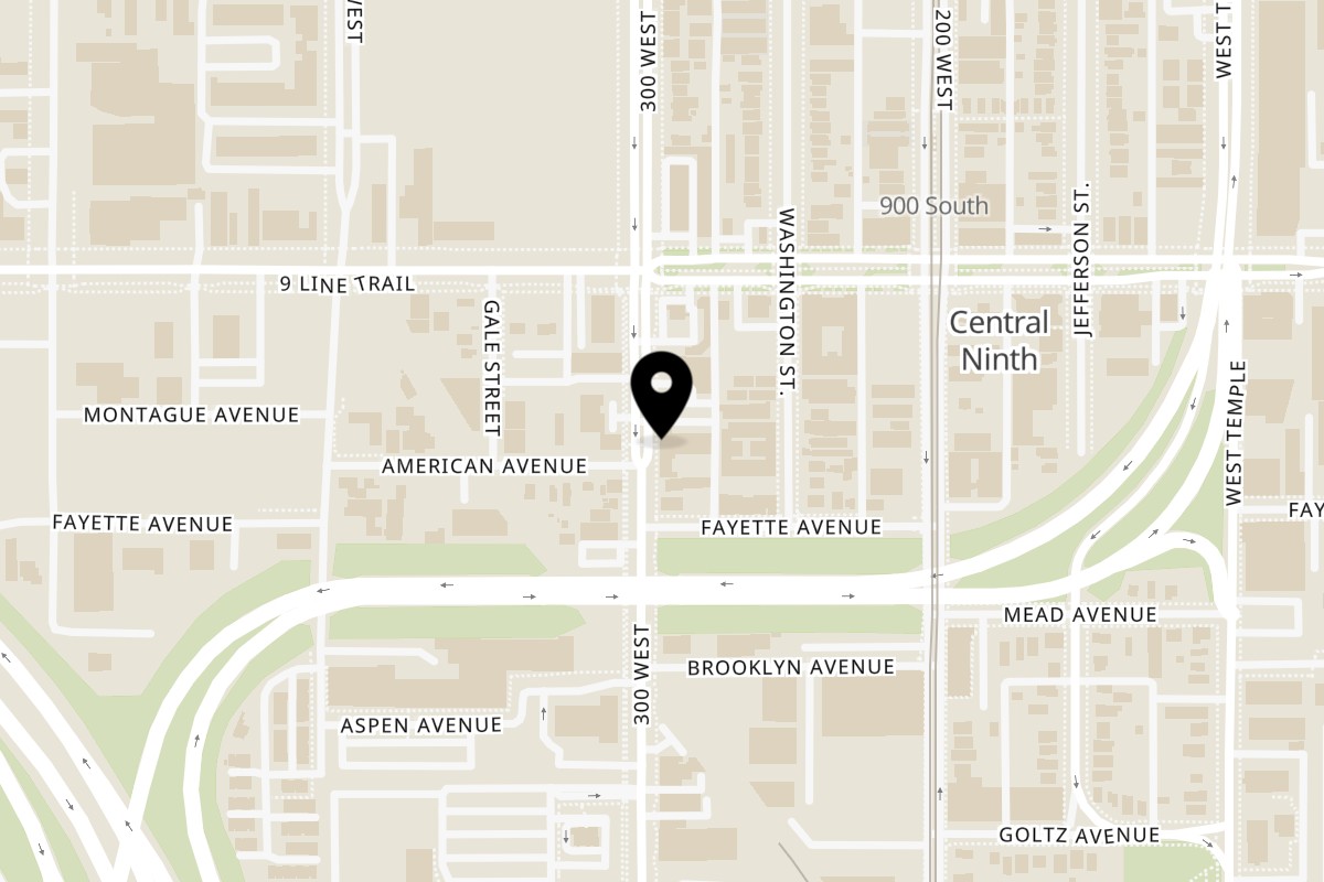 Map showing the location of The Dough Miner on 945 S 300 W #101 in Salt Lake City